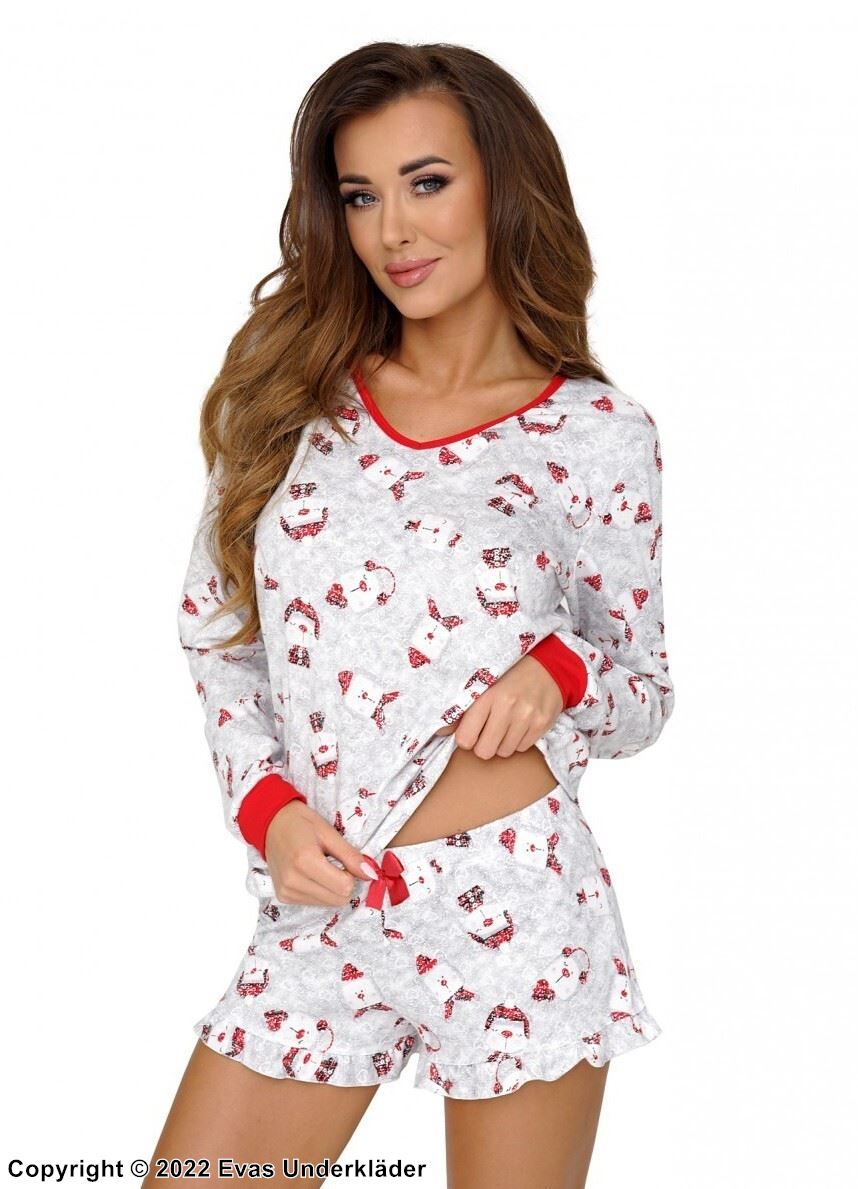 Juletema (kvinne), pyjamas med topp og shorts, satengbånd, lange ermer